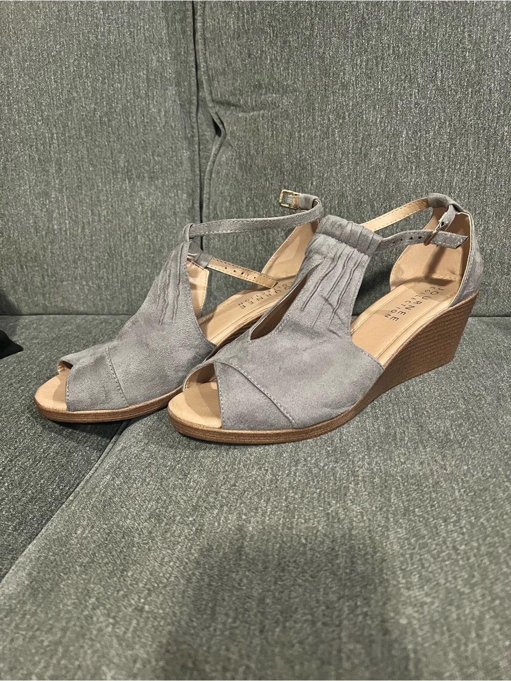 Journee Collection Gray Suede Open-Toe Wedge Sandals